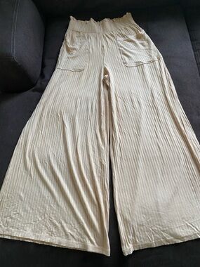 Wide-Leg Ribbed High Waist Pants in Tan Free People